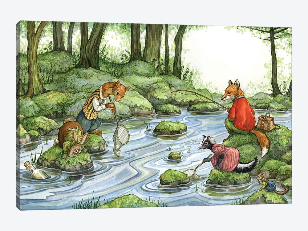 Fishing With Hector Fox And Friends by Astrid Sheckels 1-piece Canvas Wall Art