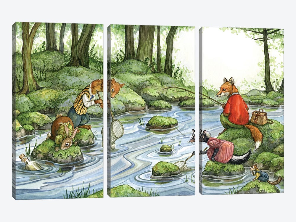 Fishing With Hector Fox And Friends by Astrid Sheckels 3-piece Canvas Art