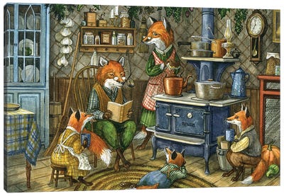 Stories By The Stove Canvas Art Print - Fox Art