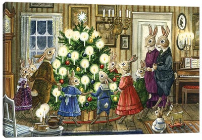 Christmas In The Parlor Canvas Art Print - Rabbit Art