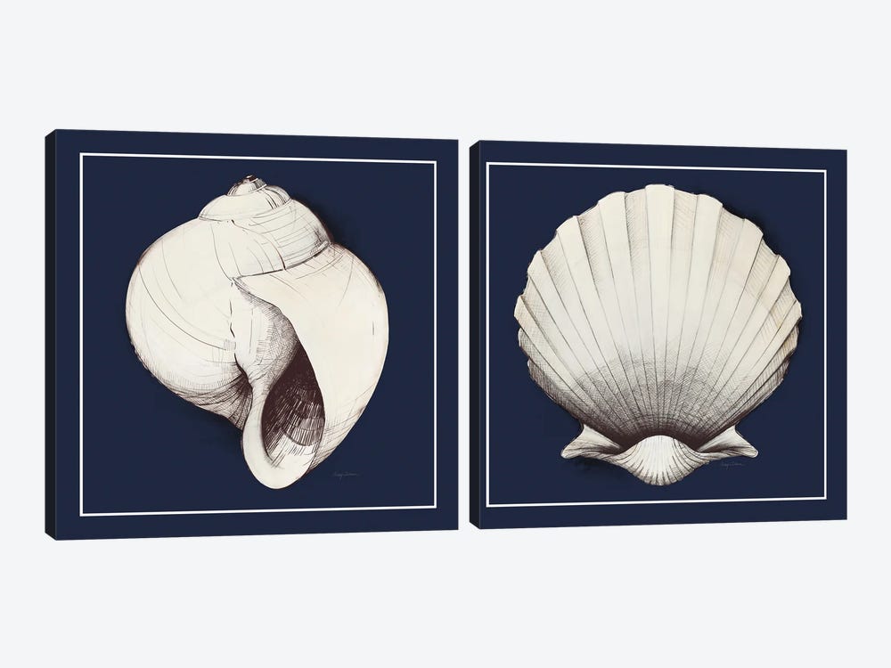 Coastal Shell Diptych with Border Navy by Avery Tillmon 2-piece Canvas Wall Art