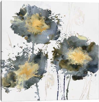 Flower Burst Trio Canvas Art Print - Gray & Yellow Art