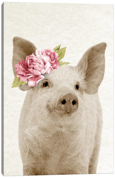 Floral Piglet Canvas Art Print - Pig Art