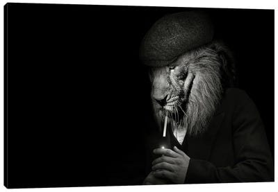 Man In The Form Of A Lion Mafioso Smoking Canvas Art Print - Adrian Vieriu