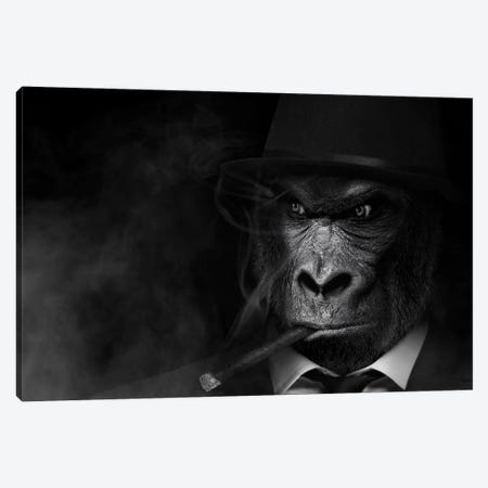 Man In The Form Of Gorilla Person Smoking Black White Canvas Print #AVU118} by Adrian Vieriu Canvas Print