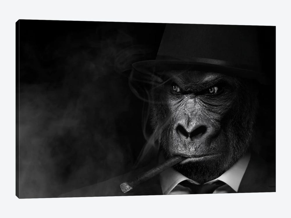 Man In The Form Of Gorilla Person Smoking Black White by Adrian Vieriu 1-piece Canvas Art Print