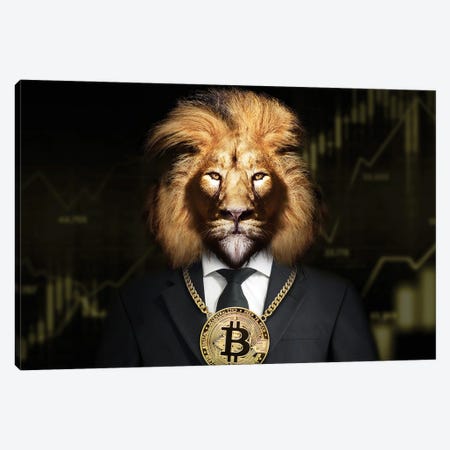 Lion With Golden Bitcoin Around His Neck Canvas Print #AVU11} by Adrian Vieriu Canvas Wall Art