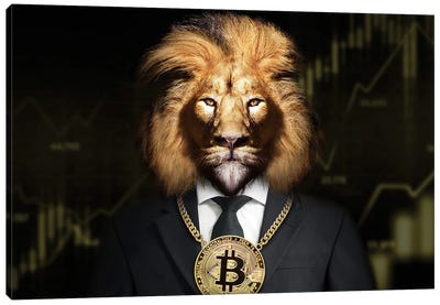 Lion With Golden Bitcoin Around His Neck Canvas Art Print - Office Humor