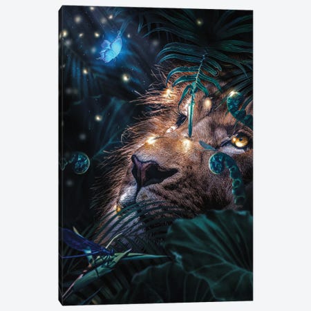 Lion In The Forest, Fireflies Lighting The Night Canvas Print #AVU139} by Adrian Vieriu Canvas Art Print