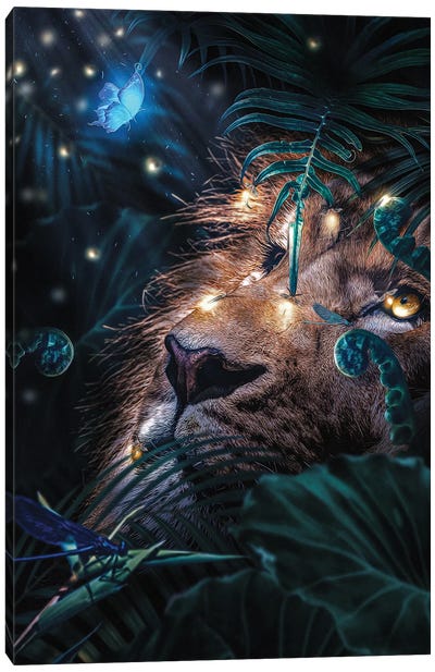 Lion In The Forest, Fireflies Lighting The Night Canvas Art Print - Adrian Vieriu
