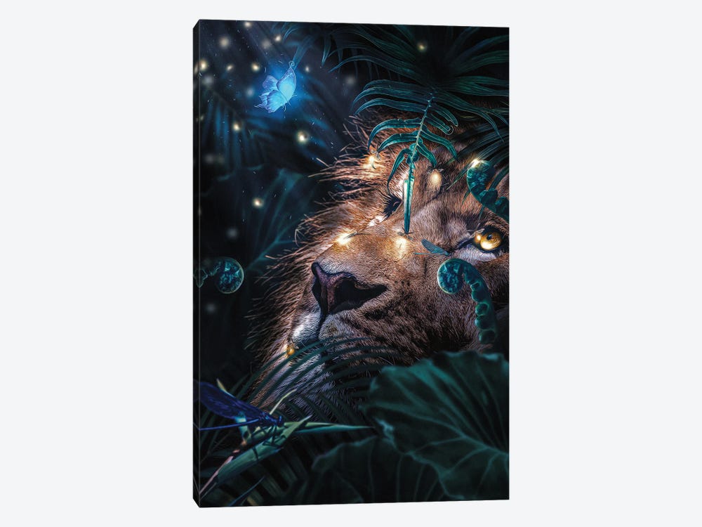 Lion In The Forest, Fireflies Lighting The Night 1-piece Canvas Artwork