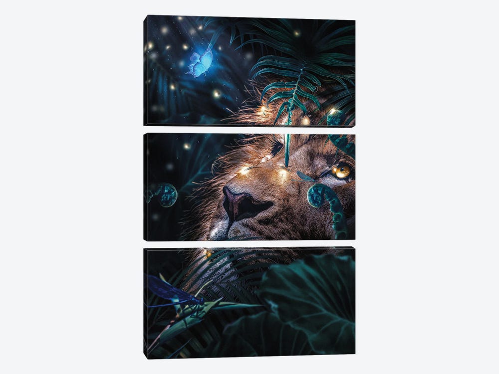 Lion In The Forest, Fireflies Lighting The Night by Adrian Vieriu 3-piece Canvas Artwork