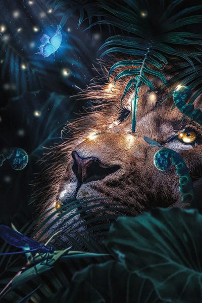 Fine Art Print: Lion In The Forest, Fireflies Lighting The Night by Adrian Vieriu