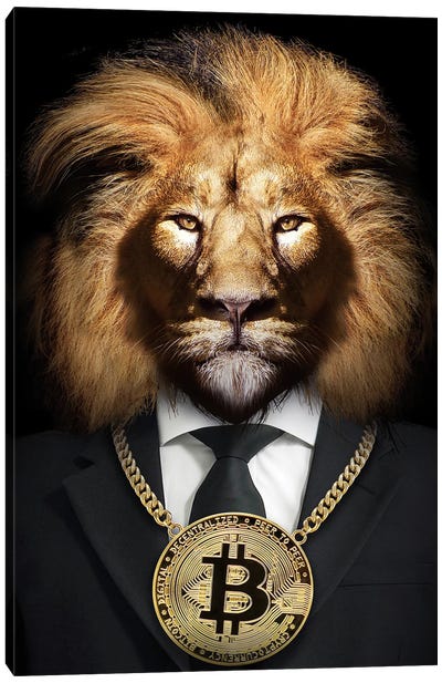 Lion With Golden Bitcoin Around His Neck Canvas Art Print - Lion Art