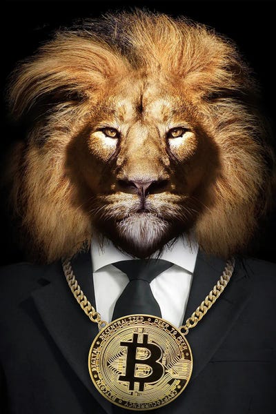 Office Humor: Lion With Golden Bitcoin Around His Neck by Adrian Vieriu