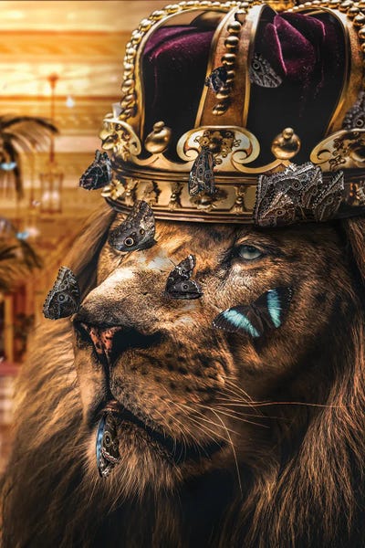 The Lion King With Head The Crown, Golden, Butterflies by Adrian Vieriu framed canvas print