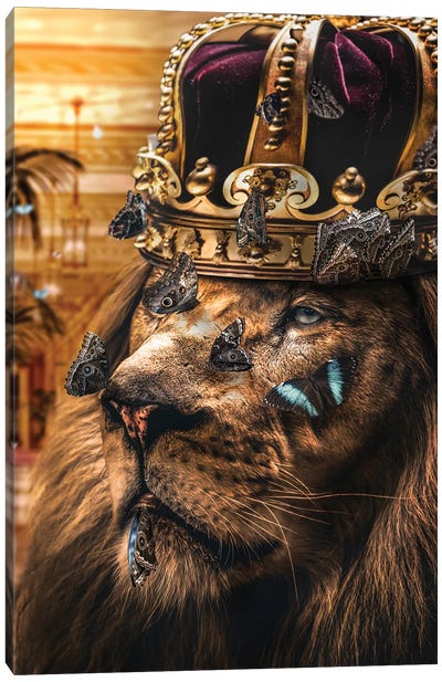 The Lion King With Head The Crown, Golden, Butterflies Canvas Art Print - Adrian Vieriu
