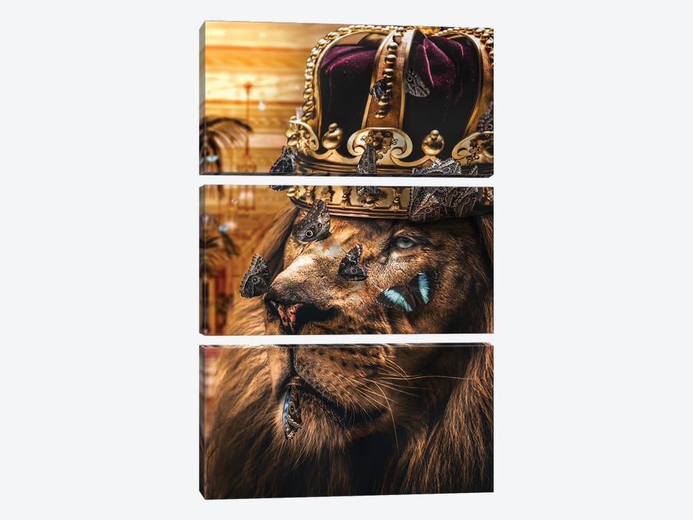 The Lion King With Head The Crown, Golden, Butterflies by Adrian Vieriu 3-piece Art Print