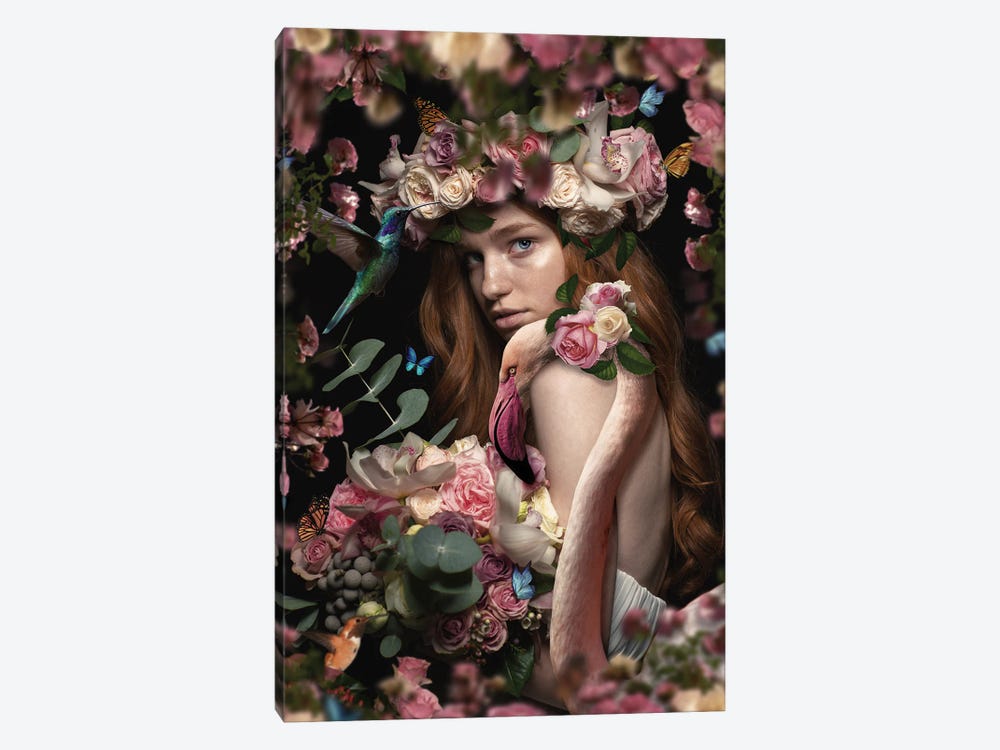 Woman Among Flowers With Flamingo by Adrian Vieriu 1-piece Canvas Art