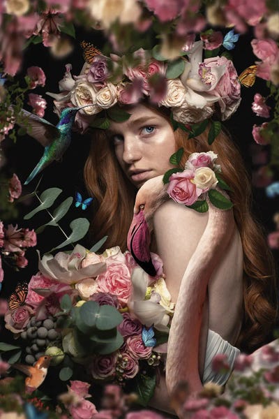 Flamingos: Woman Among Flowers With Flamingo by Adrian Vieriu
