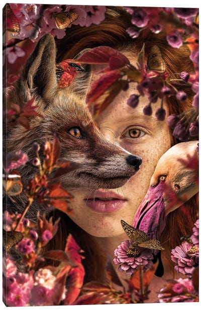 Woman Among Flowers With Fox Canvas Art Print - Wild Spirit