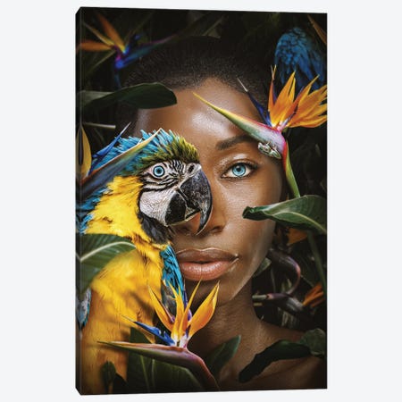 Woman Among Flowers With Parrot Canvas Print #AVU155} by Adrian Vieriu Canvas Art