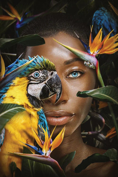 Woman Among Flowers With Parrot