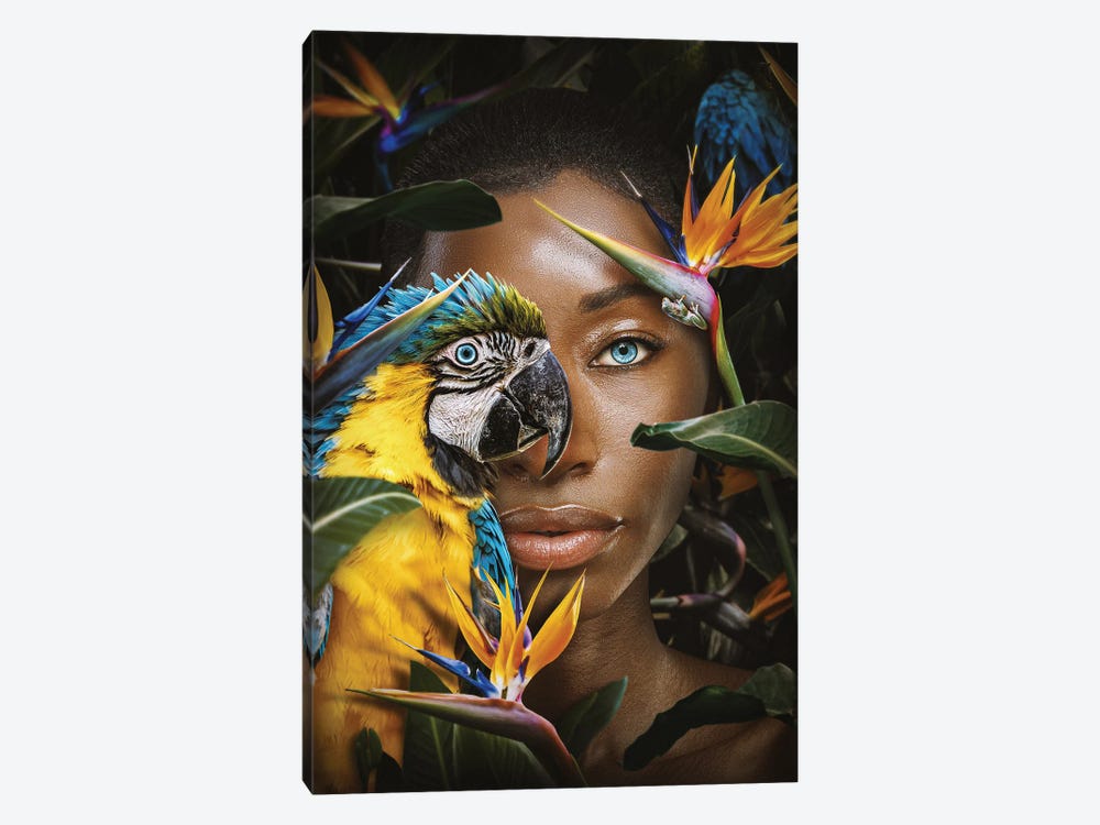 Woman Among Flowers With Parrot by Adrian Vieriu 1-piece Canvas Art