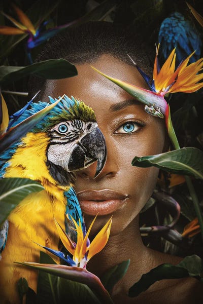 Wild Spirit: Woman Among Flowers With Parrot by Adrian Vieriu