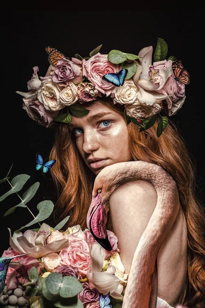 Woman With Flower Corwn And Flamingo by Adrian Vieriu framed canvas print