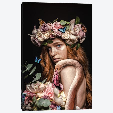 Woman With Flower Corwn And Flamingo Canvas Print #AVU156} by Adrian Vieriu Canvas Art