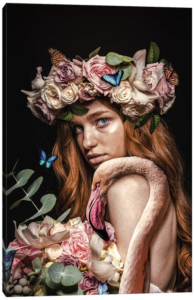 Woman With Flower Corwn And Flamingo Canvas Art Print - Wild Spirit