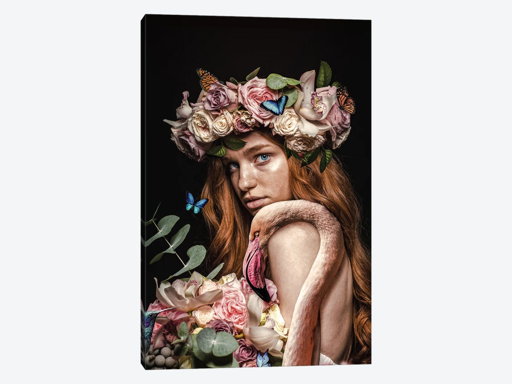 Woman With Flower Corwn And Flamingo by Adrian Vieriu 1-piece Canvas Print