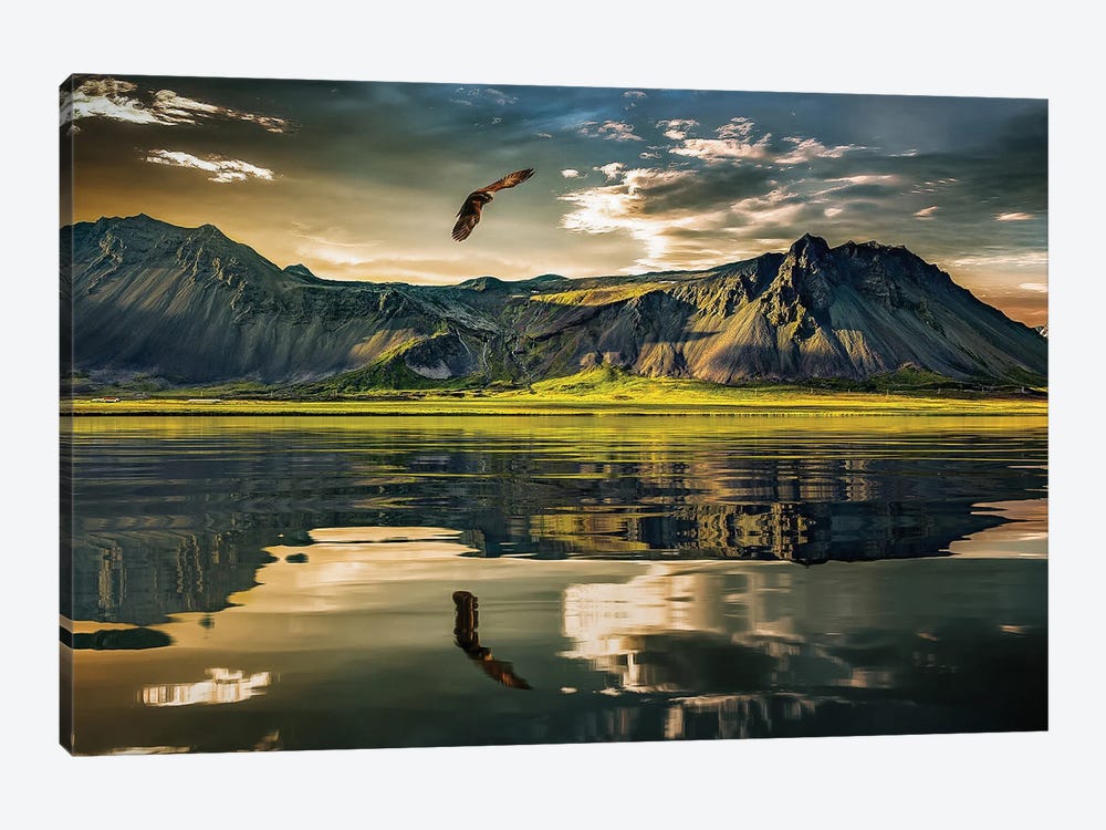Eagle In Nature And The Reflection Of The Mountains In The Lake by Adrian Vieriu 1-piece Canvas Art Print