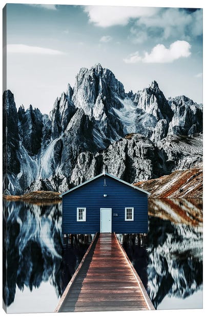 The Reflection Of A Cabin In The Mountains In The Water Canvas Art Print - Adrian Vieriu
