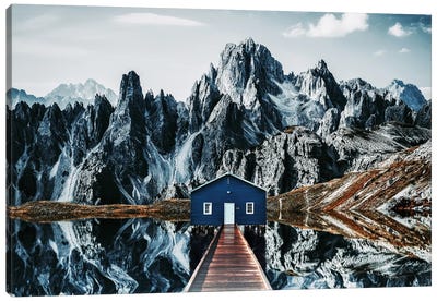 The Reflection Of A Cabin In The Mountains In The Water Canvas Art Print - Adrian Vieriu
