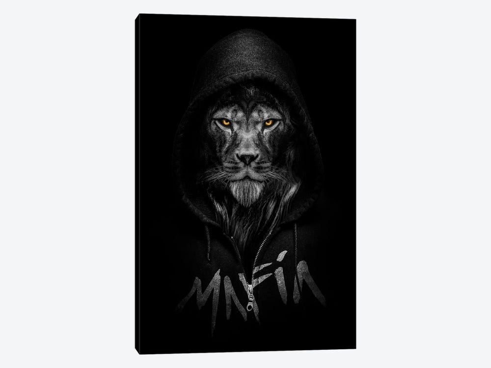 Lion Wearing A Hooded Sweatshirt Written Mafia by Adrian Vieriu 1-piece Canvas Artwork