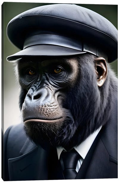 Gorilla Dressed In An Elegant Suit, Hat (Animal Isolated On Black Background) IV Canvas Art Print - Gorilla Art