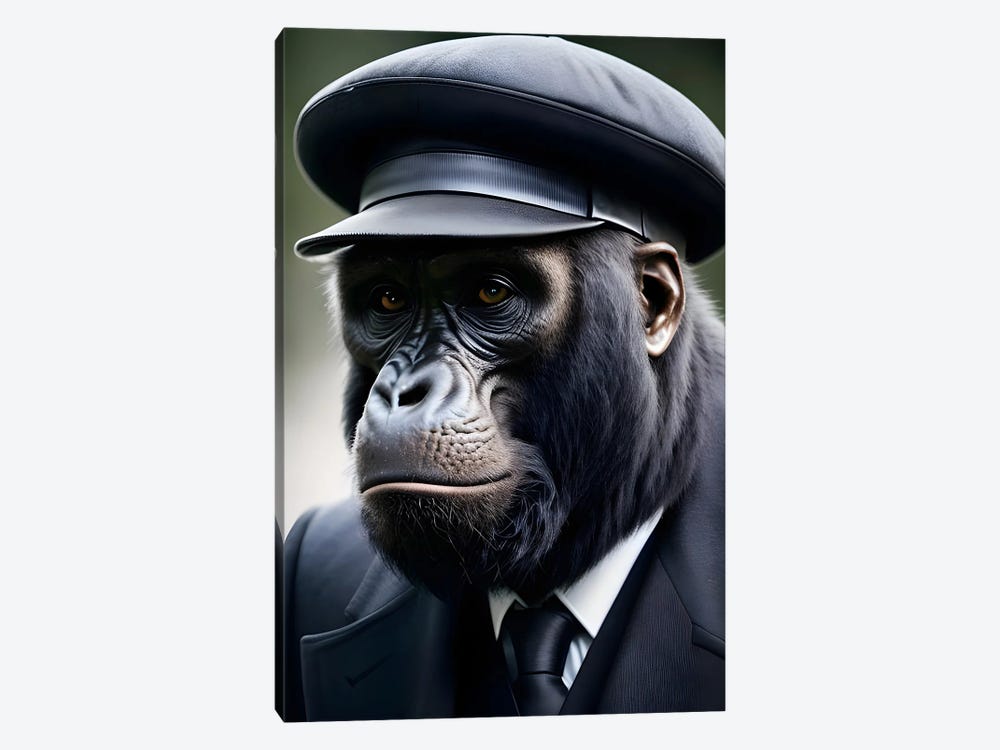Gorilla Dressed In An Elegant Suit, Hat (Animal Isolated On Black Background) IV by Adrian Vieriu 1-piece Canvas Print