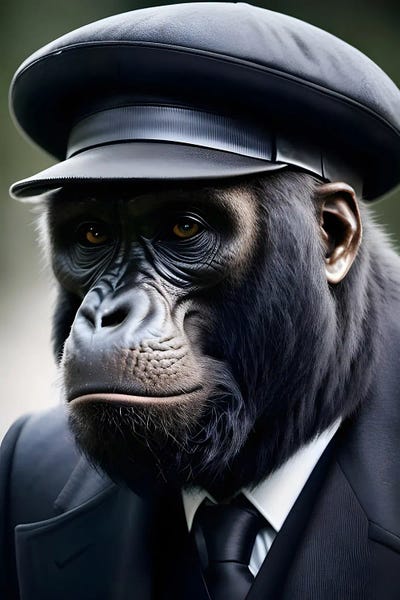 Gorillas: Gorilla Dressed In An Elegant Suit, Hat (Animal Isolated On Black Background) IV by Adrian Vieriu