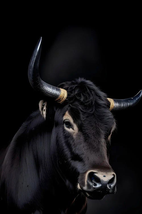 Bull Portrait Face Isolated In Black Background