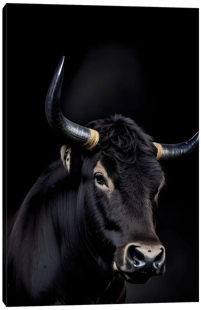 Bull Portrait Face Isolated In Black Background Canvas Art Print - Bull Art