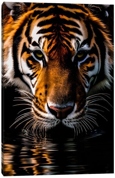 Tiger Face Portrait Drinking Water From The Lake , Animal Canvas Art Print - Adrian Vieriu