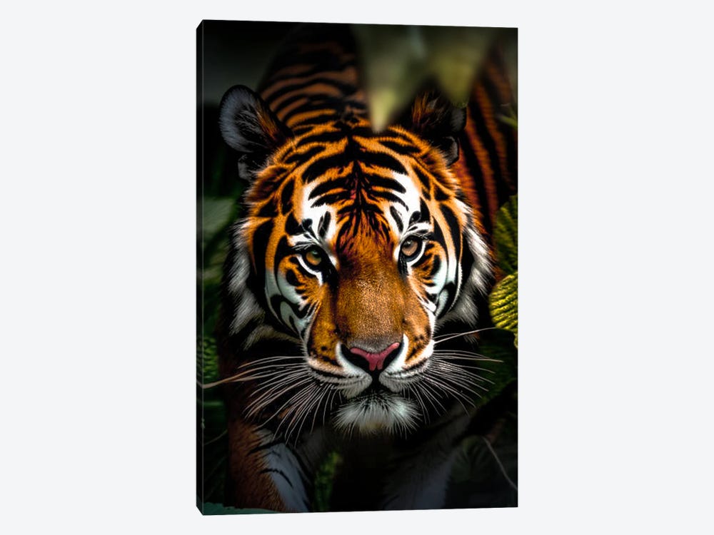 Portrait Face Tiger Among The Leaves, Animal In The Jungle by Adrian Vieriu 1-piece Canvas Artwork