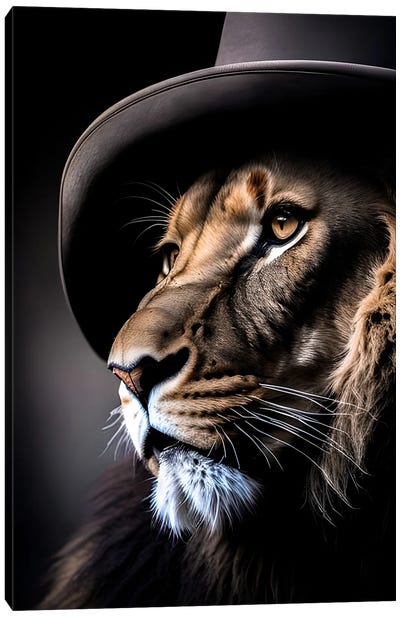 Lion Wearing Hat, Lion's Head Canvas Art Print - Wild Cat Art