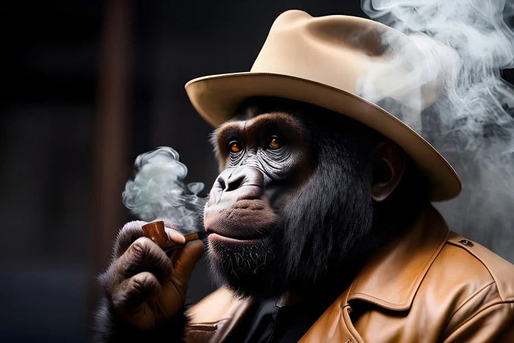 Gorilla Smoking Portrait, Hat On Head And Elegantly Dressed, Animal