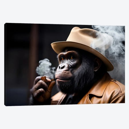 Gorilla Smoking Portrait, Hat On Head And Elegantly Dressed, Animal Canvas Print #AVU269} by Adrian Vieriu Art Print
