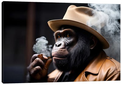 Gorilla Smoking Portrait, Hat On Head And Elegantly Dressed, Animal Canvas Art Print - Gorilla Art