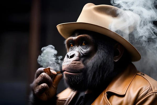 Gorillas: Gorilla Smoking Portrait, Hat On Head And Elegantly Dressed, Animal by Adrian Vieriu