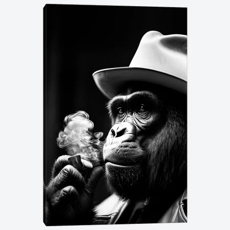 Gorilla Smoking Portrait, Hat On Head And Elegantly Dressed, Animal Black And White V Canvas Print #AVU275} by Adrian Vieriu Art Print